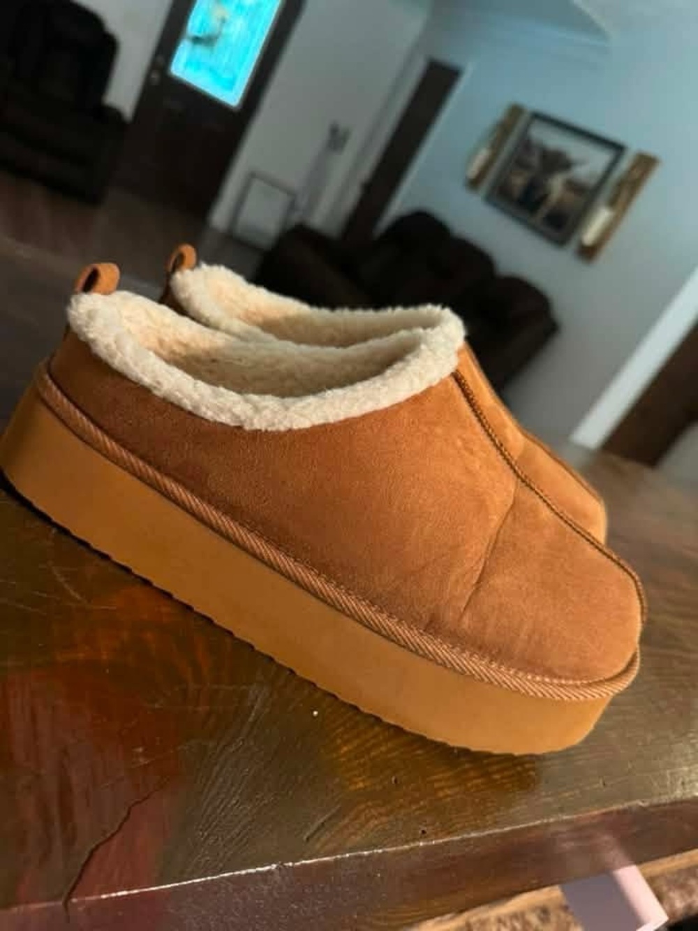 Old Navy Tan Suede-Look Sherpa-Lined Platform Slip-On Slippers